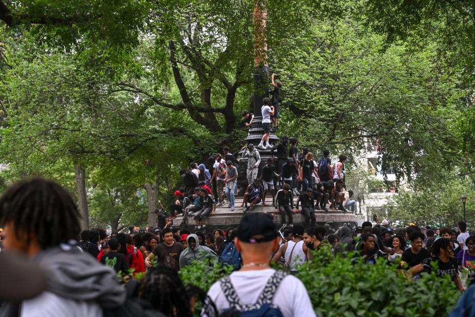 Fans attend Kai Cenat Playstation giveaway on August 4, 2023, at Union Square Park in New York City.