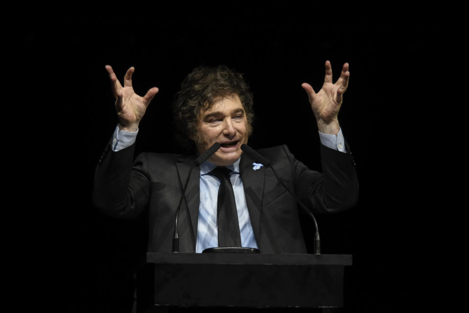 Argentine President Javier Milei addresses the crowd at a promotional event for his new book in Buenos Aires, Argentina, Wednesday, May 22, 2024. (AP Photo/Gustavo Garello)