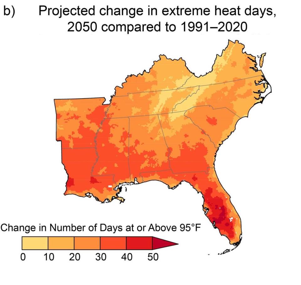Projected increase in the number of extreme heat days (maximum temperature at or above 95°F) in 2050 relative to 1991–2020 under a high scenario from the fifth national climate assessment. NOAA NCEI and CISESS NC.