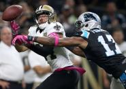 <p>Sterling Moore #24 of the New Orleans Saints intercepts a pass over Devin Funchess #17 of the Carolina Panthers during the second quarter at the Mercedes-Benz Superdome on October 16, 2016 in New Orleans, Louisiana. (Photo by Sean Gardner/Getty Images) </p>