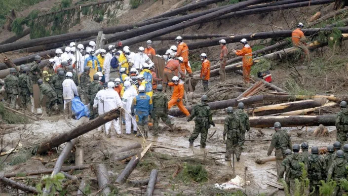 Rescue workers and fallen trees