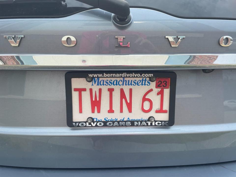 Eileen Hennessey of Natick has a vanity license plate - "TWIN 61" to honor being an identical twin.
