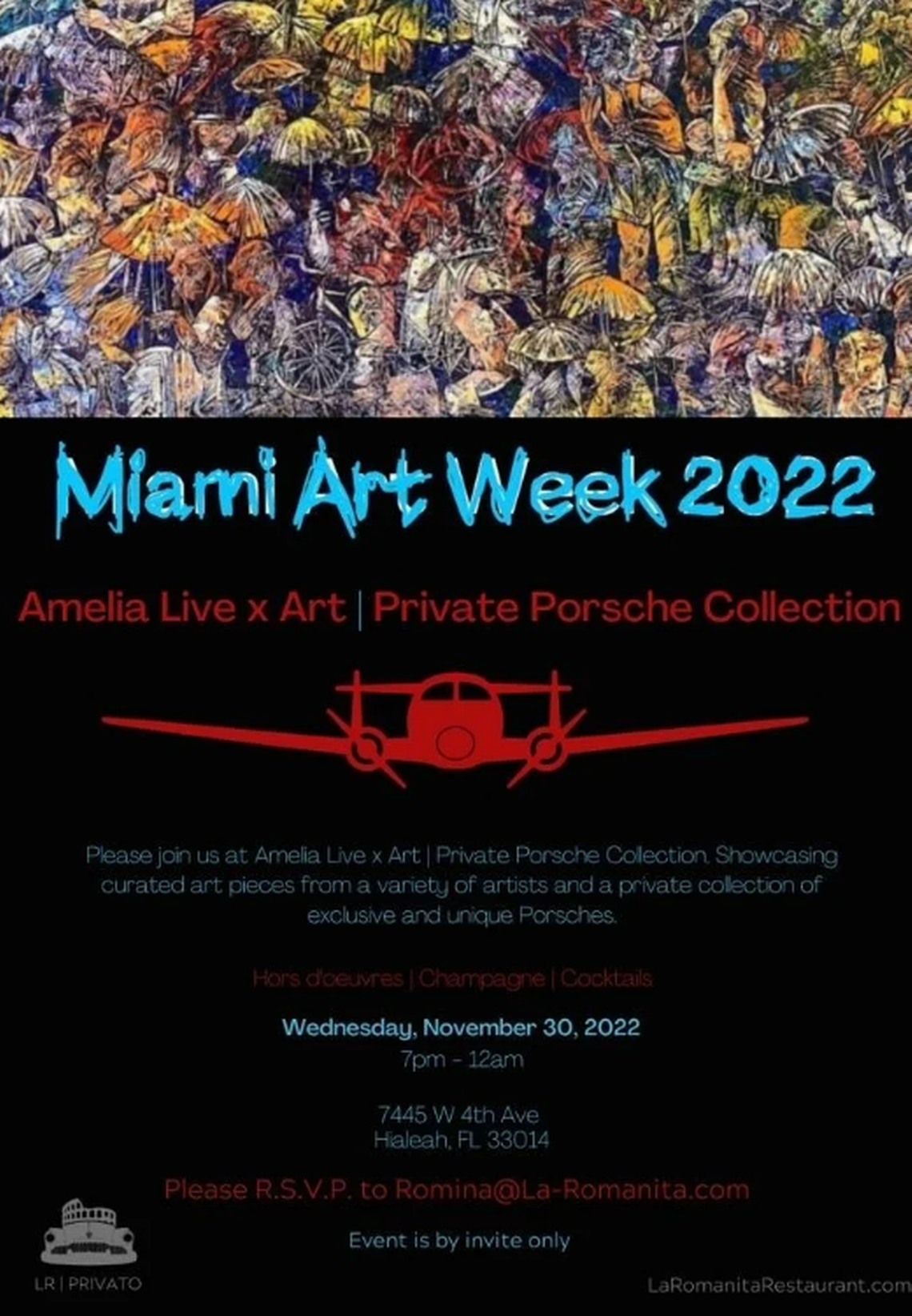 Flyer for the first exhibition of Amelia Live x Art, a Private Porsche Showcase Collection that will feature curated artwork from a variety of artists and a private collection of Porsches