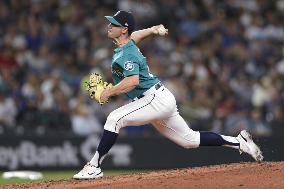 Seattle Mariners relief pitcher Matthew Festa throws to an Atlanta Braves batter during the sixth inning of a baseball game, Friday, Sept. 9, 2022, in Seattle. (AP Photo/Caean Couto)