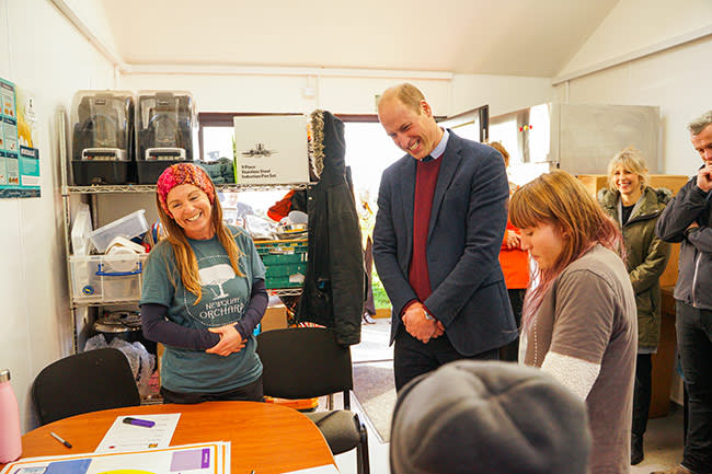 Prince William smiles and talks to staff as he visits Newquay Orchard during his first Official Visit to Cornwall