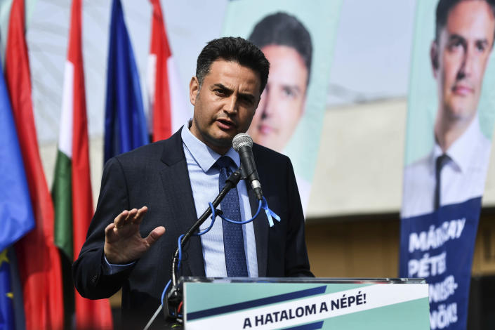 Hungary's joint opposition candidate for prime minister, Peter Marki-Zay, speaks at a campaign event in Budapest.. 