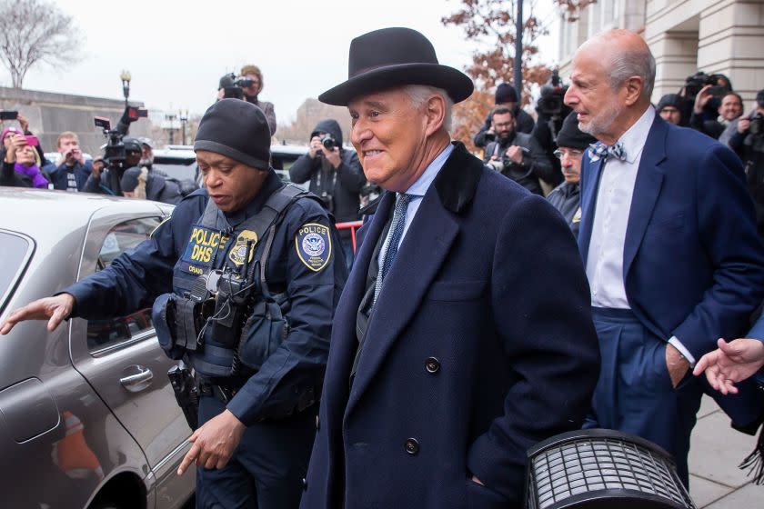 Mandatory Credit: Photo by ERIK S LESSER/EPA-EFE/REX (10562570g) Roger Stone (C), a longtime advisor to US President Donald J. Trump, leaves after his sentencing hearing at the DC Federal District Court in Washington, DC, USA, 20 February 2020. Stone was sentenced to 40 months in prison. The four prosecutors initially requested that Stone be sentenced to seven to nine years in prison, but quit after Attorney General William Barr overrode the recommendation and recommended a softer sentence. Roger Stone sentenced to 40 months in prison, Washington, USA - 20 Feb 2020 ** Usable by LA, CT and MoD ONLY **