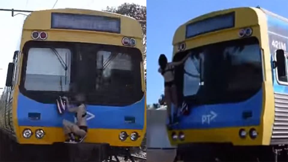 The teenage girl had her friends film her as she clung onto the back of a Melbourne Metro train in nothing but her underwear. Source: Youtube