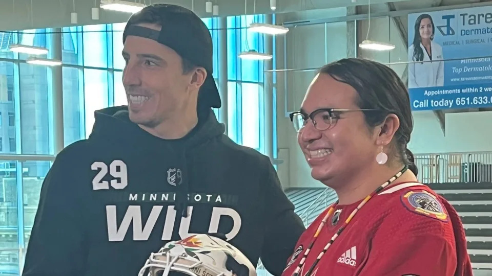 Marc-Andre Fleury had his mask custom-designed by Cole Redhorse Taylor, and features quotes from his dad and the names of his kids on the back. (Photo via X/@RussoHockey)