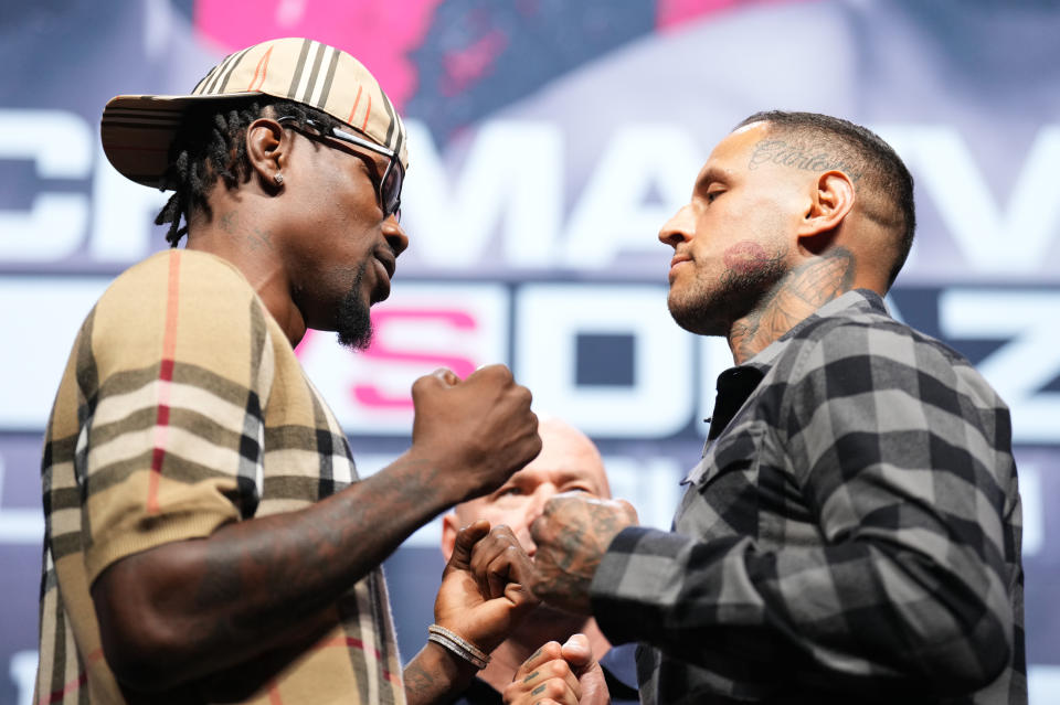 LAS VEGAS, NEVADA - SEPTEMBER 08: (L-R) Opponents Kevin Holland and Daniel Rodriguez face off during the UFC 279 press conference at MGM Grand Garden Arena on September 08, 2022 in Las Vegas, Nevada. (Photo by Chris Unger/Zuffa LLC)