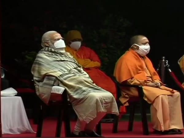 Prime Minister Narendra Modi and Uttar Pradesh Chief Minister Yogi Adityanath at Sarnath archaeological site in Varanasi. (Photo/ANI)