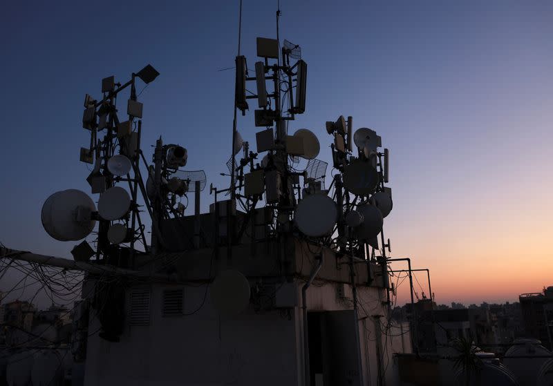 A view shows mobile telecom transmitter relays and antenna in Beirut