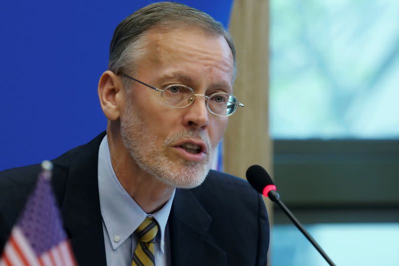 FILE PHOTO: Brent Christensen, director of American Institute in Taiwan, speaks in Taipei