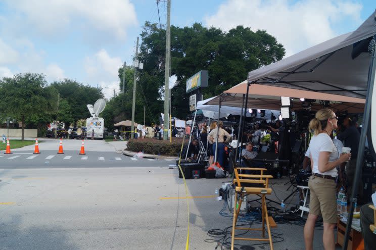 Journalists assembled near the Pulse nightclub in Orlando