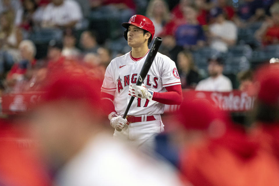 Los Angeles Angels' Shohei Ohtani waits on deck during the first inning of the team's baseball game against the Texas Rangers in Anaheim, Calif., Friday, Sept. 30, 2022. (AP Photo/Alex Gallardo)