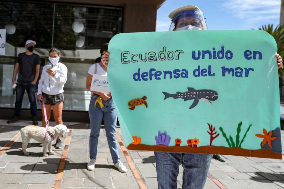 Protesters outside the Chinese embassy in Quito, Ecuador, earlier this month call for fisheries control.