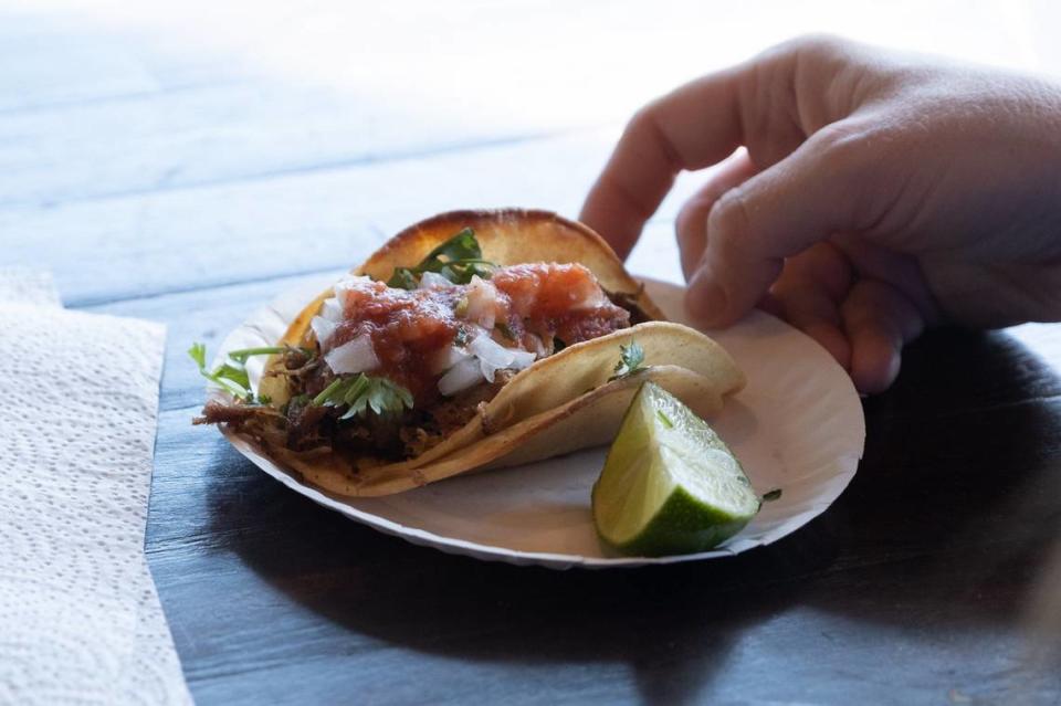 Tarahumaras’ carnitas taco includes pork, onion, cilantro, salsa and a lime wedge.