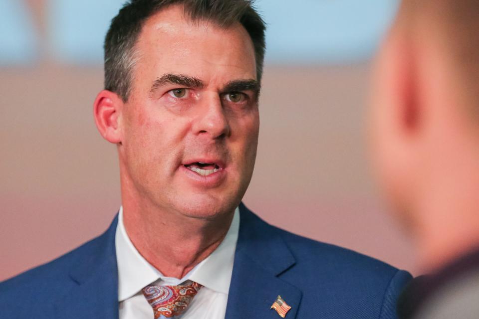 Oklahoma Gov. Kevin Stitt speaks to local media Tuesday, Nov. 1, 2022, at a rally in support of his reelection at Crossroads Church in Oklahoma City.