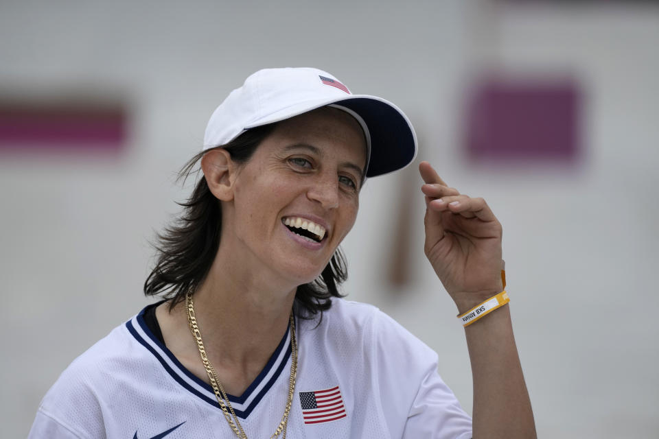 FILE - In this July 26, 2021, file photo, Alexis Sablone of the United States smiles during the women's street skateboarding finals at the 2020 Summer Olympics in Tokyo, Japan. The Tokyo Games are shaping up as a watershed for LGBTQ Olympians. Openly gay Sablone says “it’s about time.” (AP Photo/Ben Curtis, File)