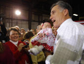 Republican presidential candidate and former Massachusetts Governor Mitt Romney holds a baby in the audience at a campaign stop at Centro Incorporated in North Liberty, Iowa December 28, 2011. The Iowa Caucus will be held on January 3, 2012. (Brian Snyder/Reuters)