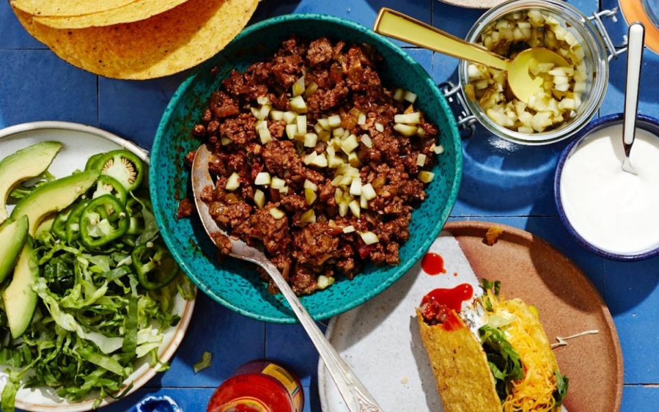 <p>Clarkson Potter</p><p>Ground Beef and Pickle Tacos are like the secret love child of a hamburger and a taco.</p><p><strong>Get Recipe: <a href="/1174000/alison-ashton/ground-beef-and-pickle-tacos-recipe/" data-ylk="slk:Ground Beef and Pickle Tacos;elm:context_link;itc:0;sec:content-canvas" class="link ">Ground Beef and Pickle Tacos</a></strong></p><p><strong>Related: <a href="https://www.yahoo.com/lifestyle/19-traditional-cinco-mayo-foods-013221171.html" data-ylk="slk:19 Traditional Mexican Recipes for a Cinco de Mayo;elm:context_link;itc:0;sec:content-canvas;outcm:mb_qualified_link;_E:mb_qualified_link;ct:story;" class="link  yahoo-link">19 Traditional Mexican Recipes for a Cinco de Mayo</a></strong></p>