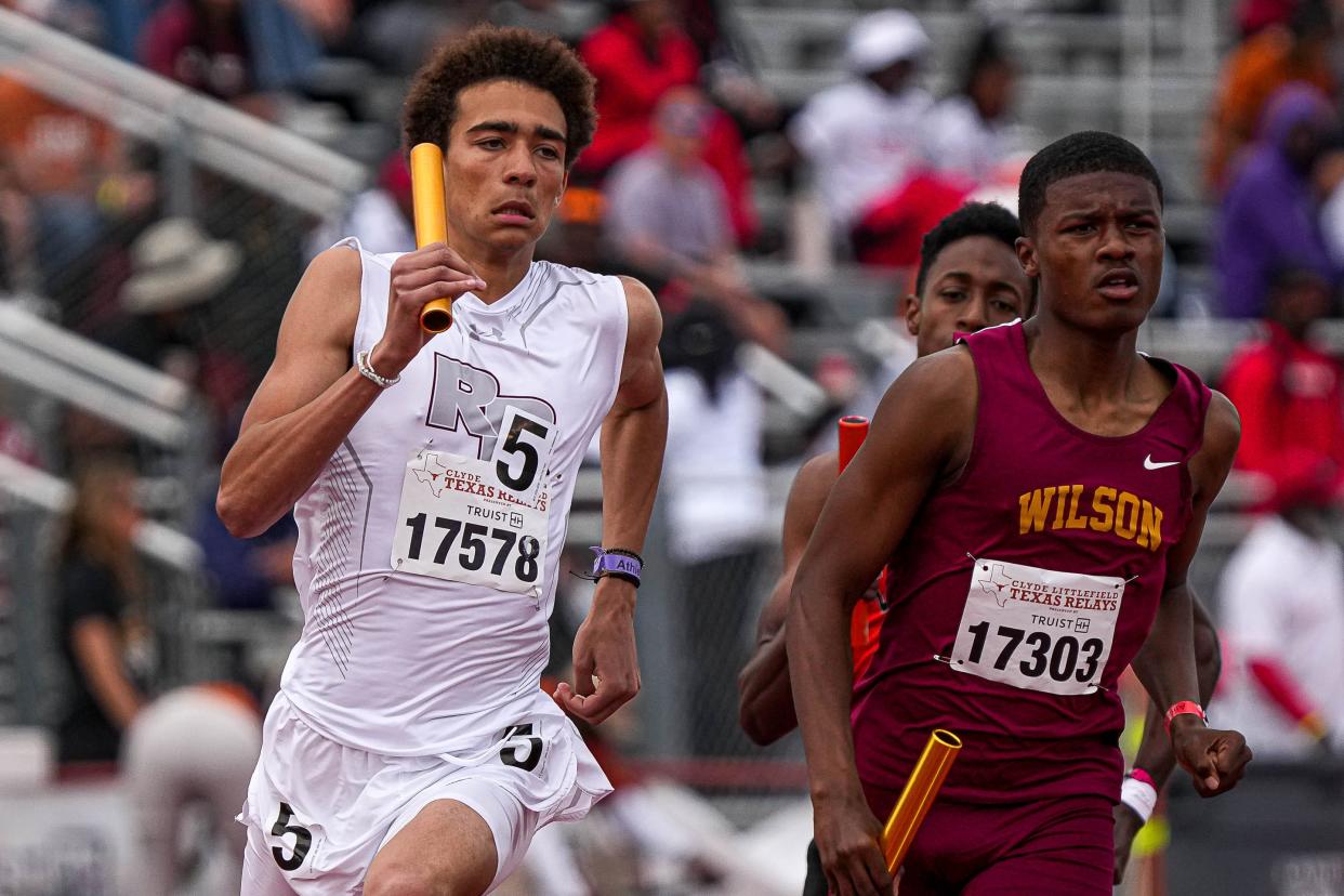 Round Rock's Mason Page competes in the 1,600-meter relay on the final day of the Texas Relays on March 30. The Dragons won gold. That relay is running the 1,600 again at this week's UIL state track and field meet and Page also is running in the 400-meter run.