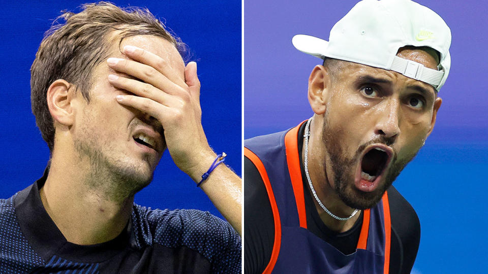 On the left is a frustrated Daniil Medvedev during his US Open loss to Nick Kyrgios.