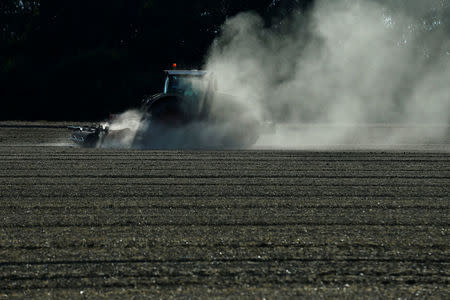 A farmer harrows a dried out field near Geinsheim, Germany, July 30, 2018. REUTERS/Ralph Orlowski