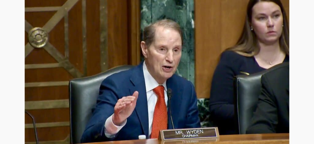Sen. Ron Wyden, an Oregon Democrat, talks at a hearing of the Senate Finance Committee on Tuesday, March 12, 2024, in Washington, D.C. (Screenshot from committee webcast)