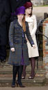 Princess Beatrice donned an unusual purple hat and matching coat in 2005, while her sister, Princess Eugenie, went for a nude coat and burgundy hat. Photo: Getty Images