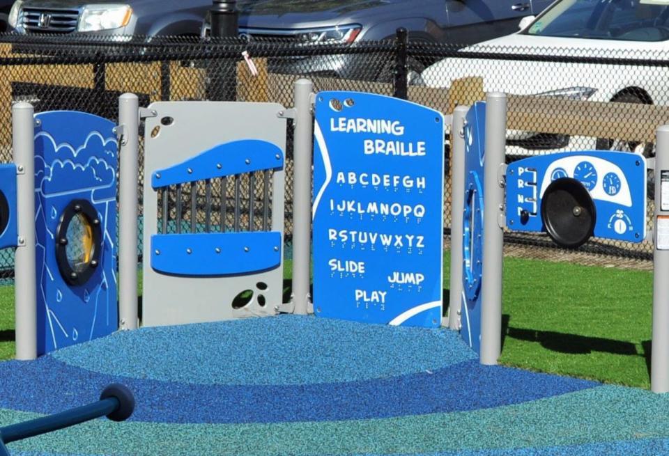 This playground piece features Braille words and letters for sight-impaired students at the new Dr. Rick DeCristofaro Learning Center in Quincy.