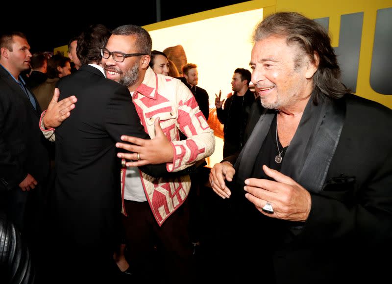 Executive producer Peele and cast members Lerman and Pacino attend a premiere for the television series "Hunters" in Los Angeles