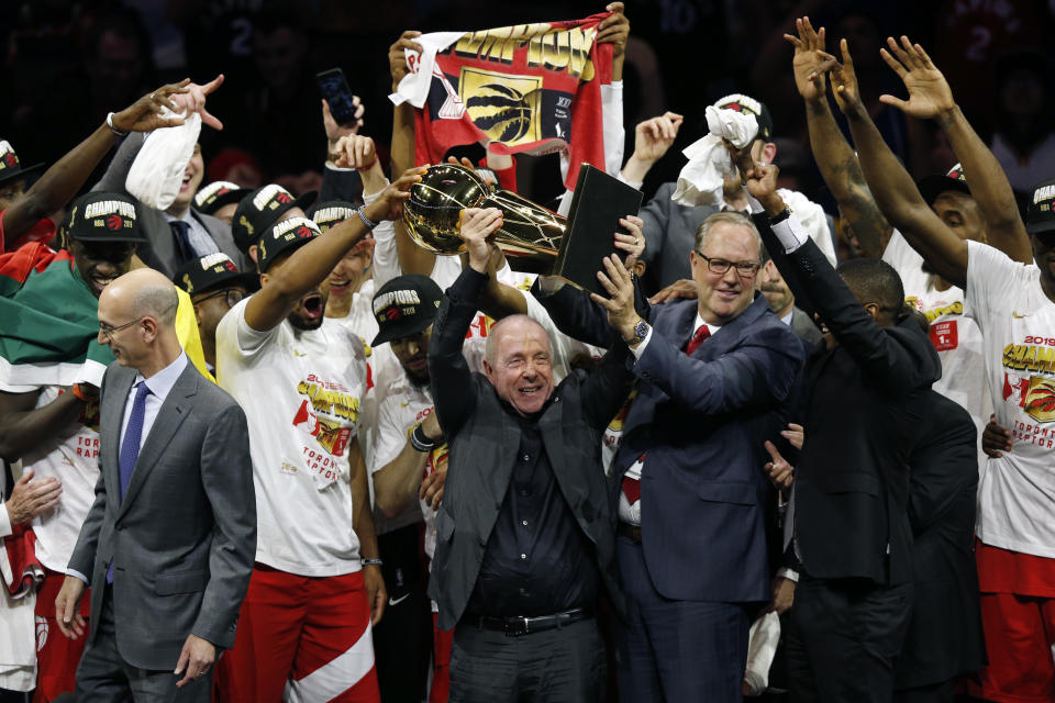 Larry Tanenbaum holds the Larry O'Brien Championship Trophy after the Toronto Raptors defeat the Golden State Warriors to win Game Six of the 2019 NBA Finals at ORACLE Arena on June 13, 2019 in Oakland, California. (Photo by Lachlan Cunningham/Getty Images)