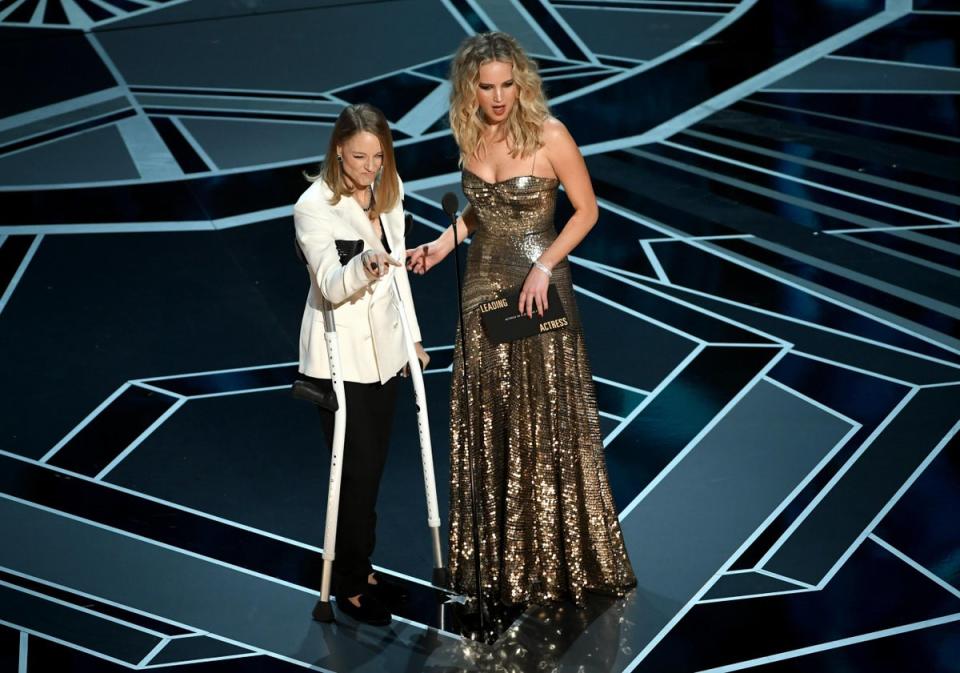 Jodie Foster and Jennifer Lawrence present Best Actress instead of Casey Affleck at the 2018 ceremony (Getty Images)