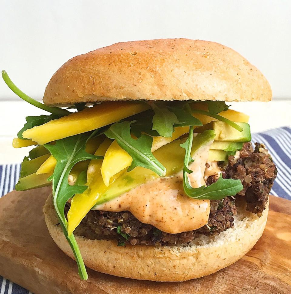 Black Bean Quinoa Burgers with Spicy Mayo, Avocado, and Mango