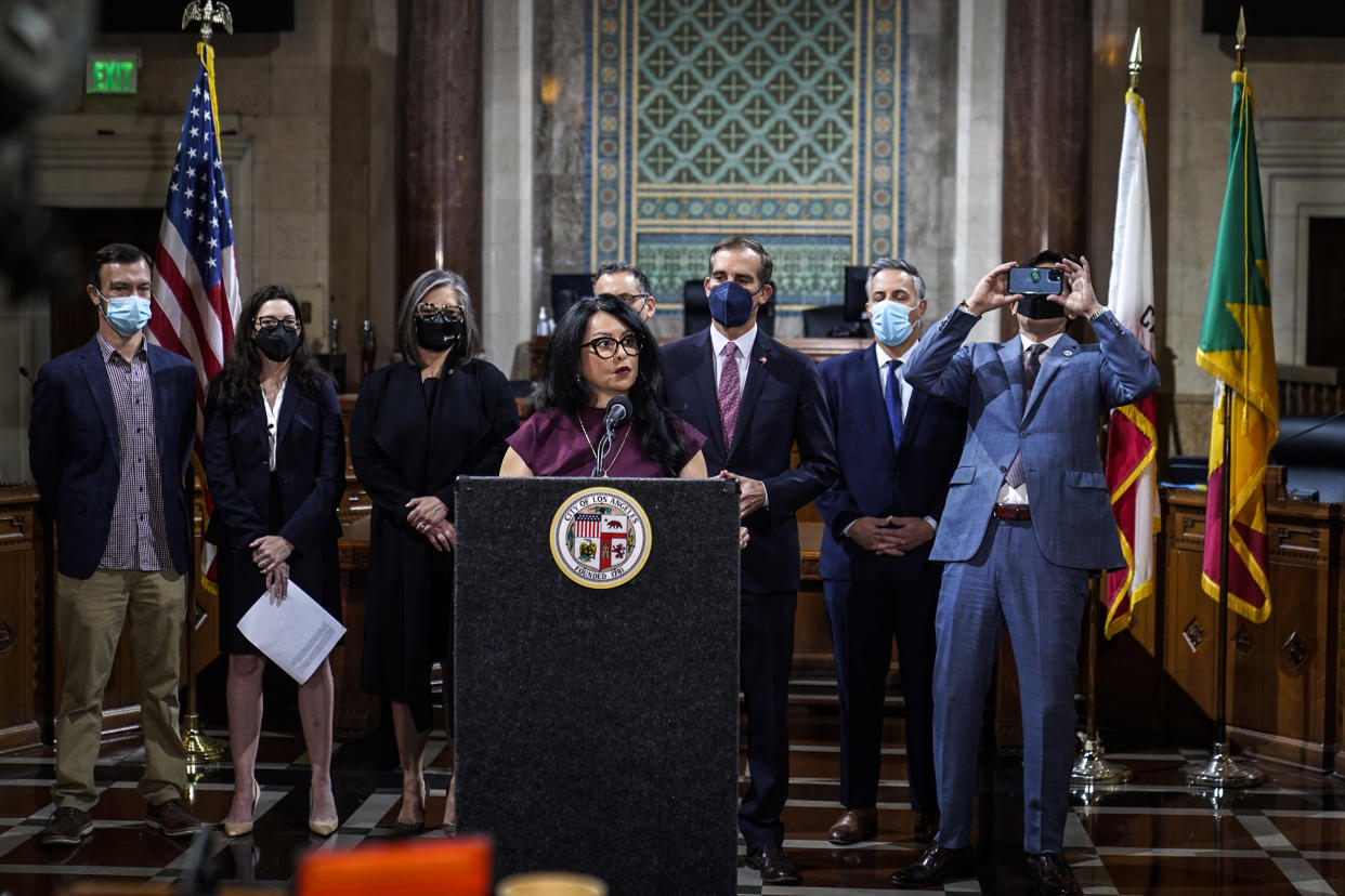 Los Angeles City Council President Nury Martinez at Los Angeles City Hall on April 1, 2022. (Damian Dovarganes / AP file)