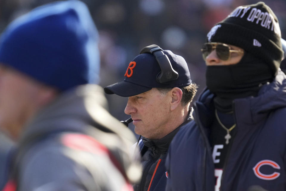 Chicago Bears head coach Matt Eberflus, center, watches from the sideline during the first half of an NFL football game against the Minnesota Vikings, Sunday, Jan. 8, 2023, in Chicago. (AP Photo/Nam Y. Huh)