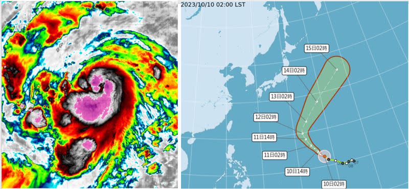 左圖：今(10日)晨4時紅外線雲圖顯示，「布拉萬」已有「中度颱風」的強度。