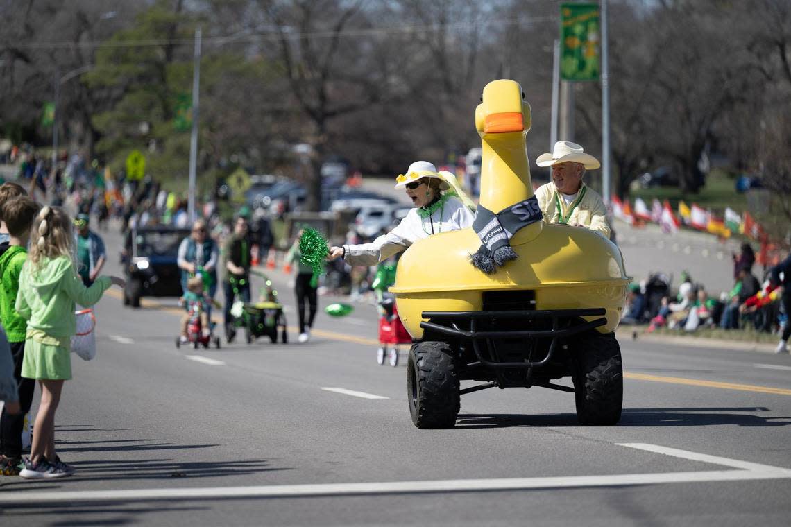 A duck mobile drove along Johnson Drive during the 38th annual Shawnee St. Patrick’s Day Parade on Sunday, March 10, 2024.