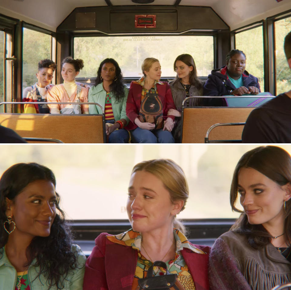 Maeve, Aimee, and the rest of her friends sitting in the back of a bus