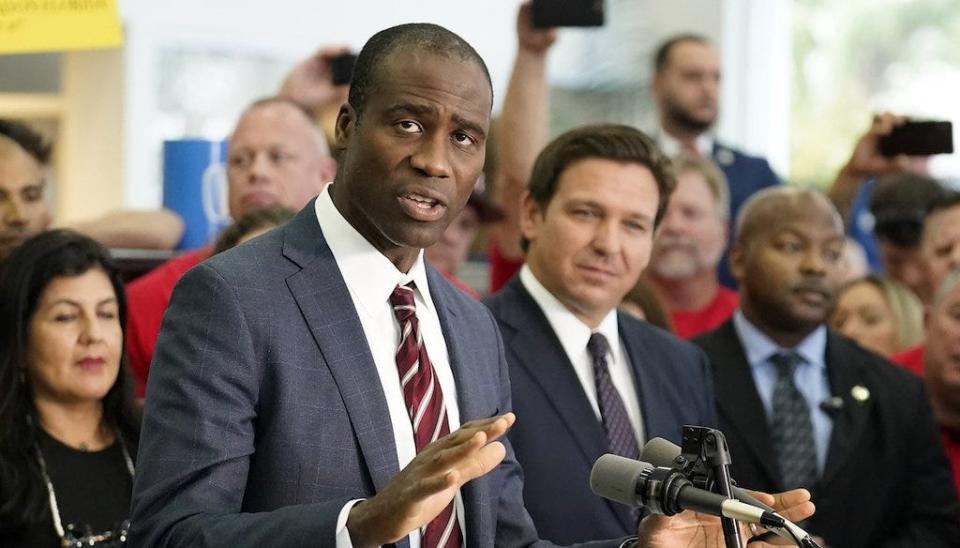 Florida Surgeon General Dr. Joseph Ladapo speaks before a bill signing by Gov. Ron DeSantis on Nov. 18, 2021, in Brandon.