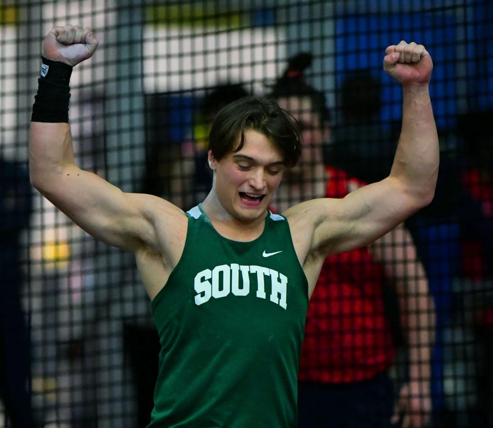 South Hagerstown's Ethan VanMeter celebrates his throw of 50 feet, 9 inches to win the Class 3A shot put during the Maryland Indoor Track & Field Championships on Feb. 22, 2023.