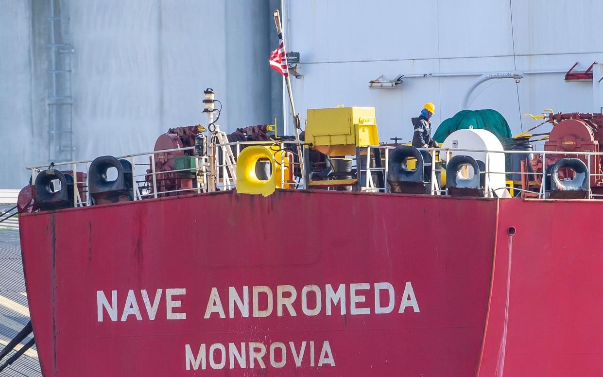 The Nave Andromeda oil tanker is now docked next to the Queen Elizabeth II Cruise Terminal in Southampton, southern England. - Paul Grover/The Telegraph