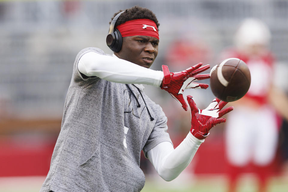 Oct 14, 2023; Madison, Wisconsin, USA; Wisconsin Badgers wide receiver Quincy Burroughs (5) during warmups prior to the game against the Iowa Hawkeyes at Camp Randall Stadium. Mandatory Credit: Jeff Hanisch-USA TODAY Sports