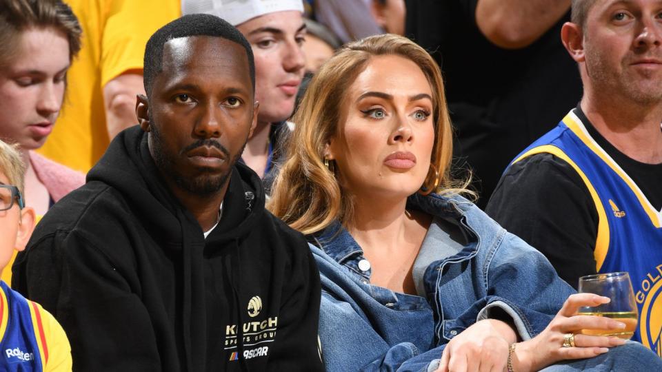 SAN FRANCISCO, CA - MAY 20: Sports Agent Rich Paul and Singer Adele attend Game 2 of the 2022 NBA Playoffs Western Conference Finals on May 20, 2022 at Chase Center in San Francisco, California. NOTE TO USER: User expressly acknowledges and agrees that, by downloading and or using this photograph, user is consenting to the terms and conditions of Getty Images License Agreement. Mandatory Copyright Notice: Copyright 2022 NBAE (Photo by Andrew D. Bernstein/NBAE via Getty Images)