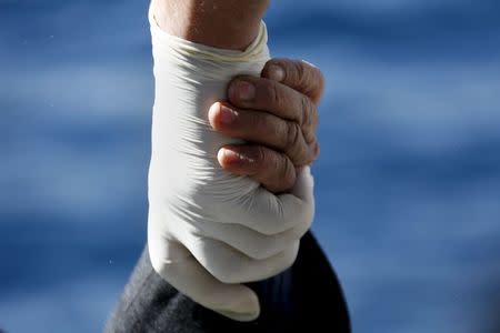 A migrant (bottom) holds the hand of a Greek Coast Guard officer, whilebeing retrieved from a dinghy carrying refugees and migrants aboard the Ayios Efstratios Coast Guard vessel, during a rescue operation at open sea between the Turkish coast and the Greek island of Lesbos, February 8, 2016. REUTERS/Giorgos Moutafis