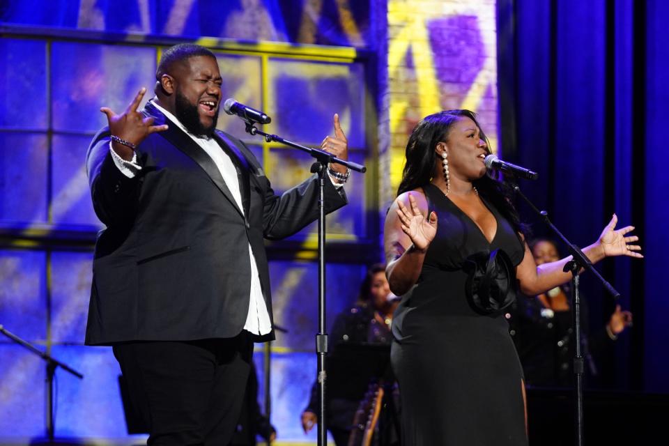 NASHVILLE, TENNESSEE - SEPTEMBER 20: (L-R) Michael Trotter Jr. and Tanya Trotter of The War and Treaty perform onstage for the 22nd Annual Americana Honors & Awards at Ryman Auditorium on September 20, 2023 in Nashville, Tennessee. (Photo by Erika Goldring/Getty Images for Americana Music Association )