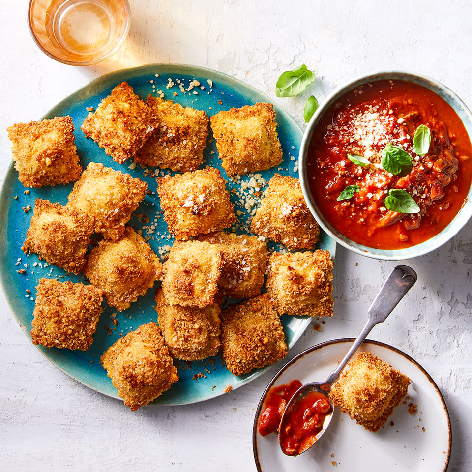 Crispy Baked Ravioli with Red Pepper & Mushroom Bolognese