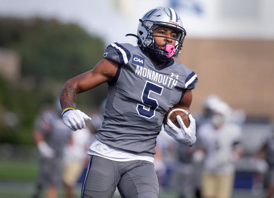 Monmouth’s Dymere Miller scores a touchdown. Lehigh at Monmouth University football.  
West Long Branch, NJ
Saturday, September, 30, 2023