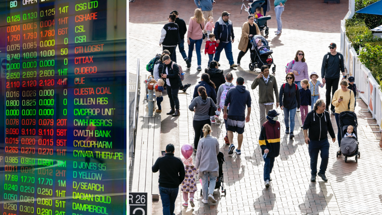 A composite image of the ASX board showing company price changes and a crowd of people.